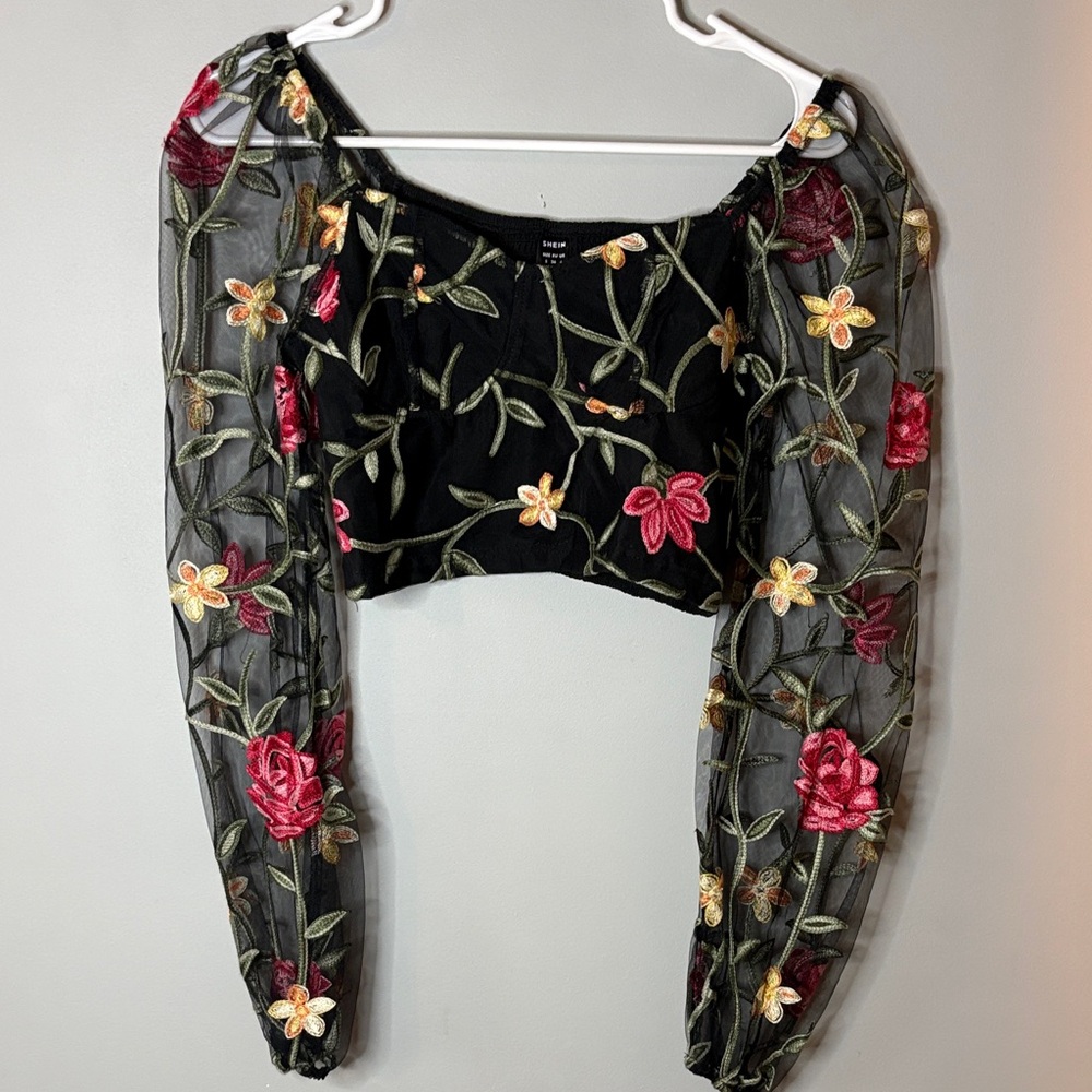 Floral Embroidered Black Mesh Top